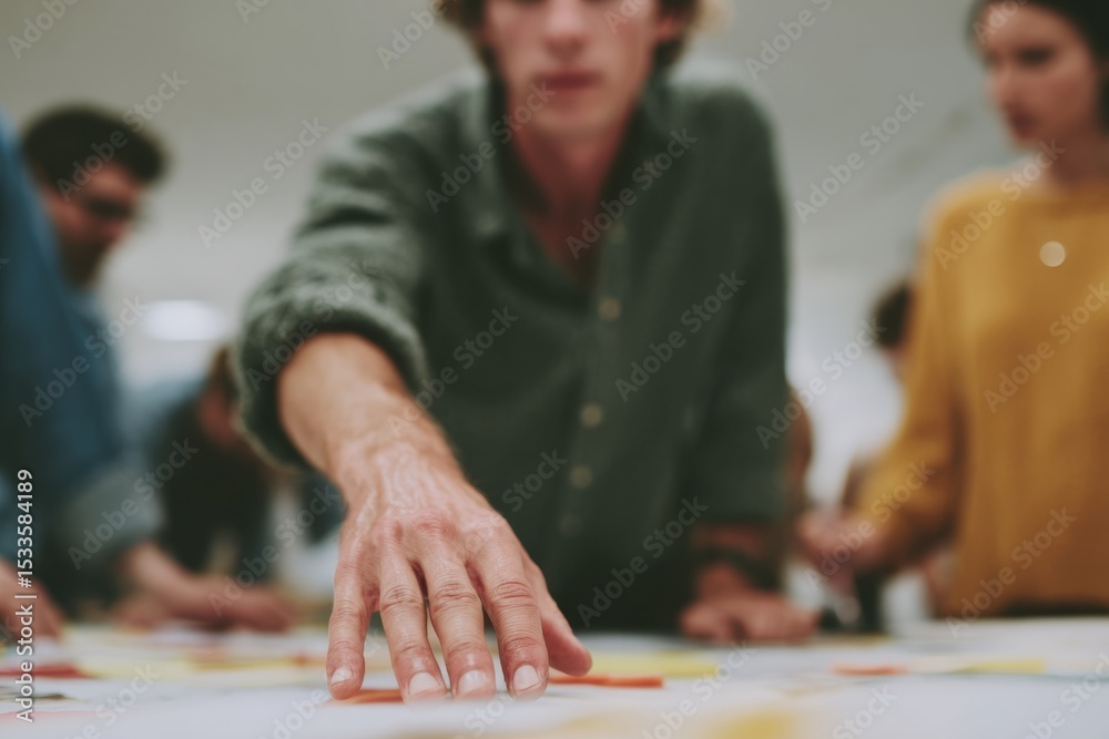 Poster collaborative strategic planning in modern creative agency team with roadmap and charts highlighting
