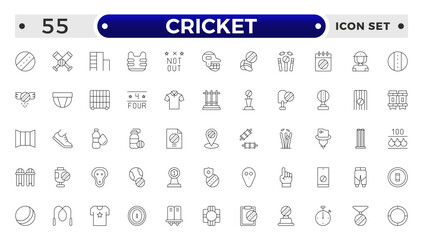 Cricket outline Icon Set. Bat, Ball, Wicket, Player & Match Vector Symbols Collection.