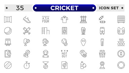 Cricket outline Icon Set. Bat, Ball, Wicket, Player & Match Vector Symbols Collection.