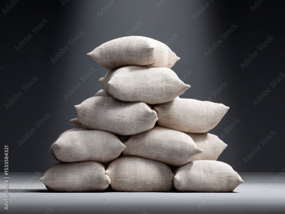 Poster pyramid stack of burlap sandbags on gray surface for flood defense and emergency preparedness with d