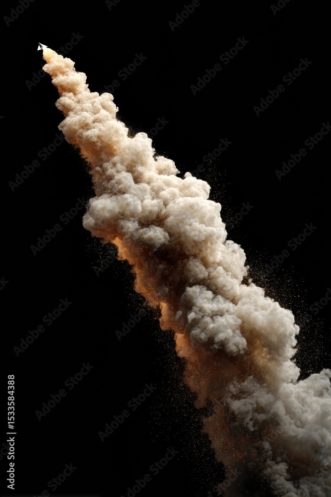 Poster high-detail rocket launch trail with expanding smoke and fireball against black background dynamic p