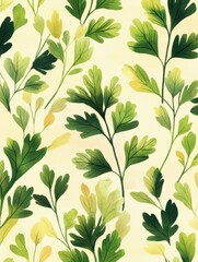 A seamless pattern with magical cilantro, mesmerizing and vibrant. Art Deco meets modern luxury in this minimalist design, soft colors 