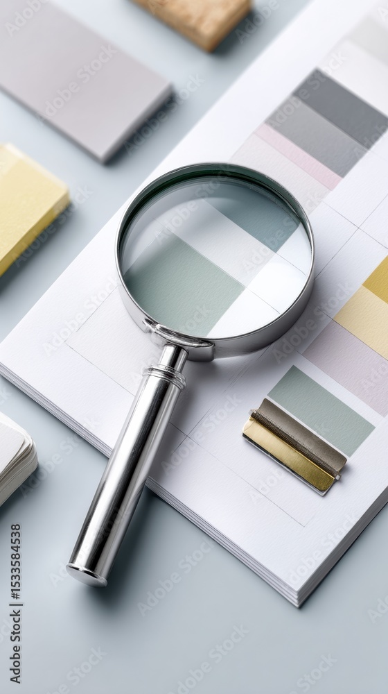 Aufkleber Precision Print Testing with Magnifying Loupe on Calibration Patterns for Quality Control in Commercial Printing and Modern Color Calibration Processes
