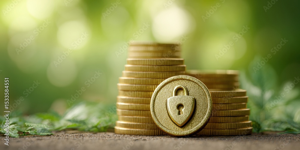 Poster gold privacy coin with embossed lock shield and stacked coins symbolizing secure financial protectio