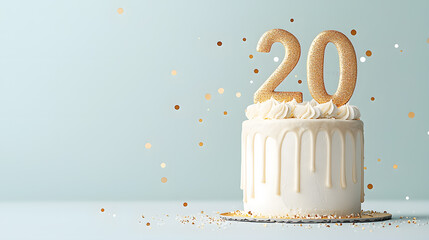 Festive 20th Birthday Cake on light background template with copy space