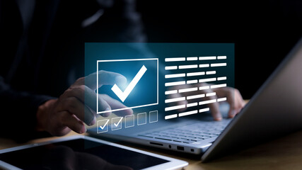 Businessman validating digital documents using futuristic interface with checkmark icons, quality assurance system, compliance review, and document verification.