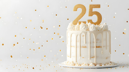 Festive 25th Birthday Cake on light background template with copy space