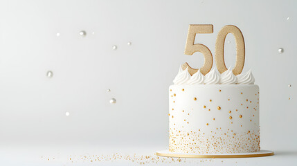 Festive 50th Birthday Cake on light background template with copy space