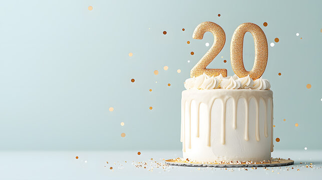 Festive 20th Birthday Cake on light background template with copy space