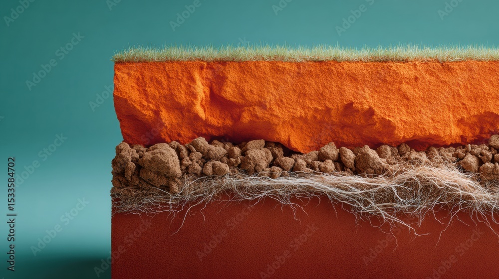 Poster cross-section of soil layers with grass roots detailing nutrient profiles and biodiversity for envir