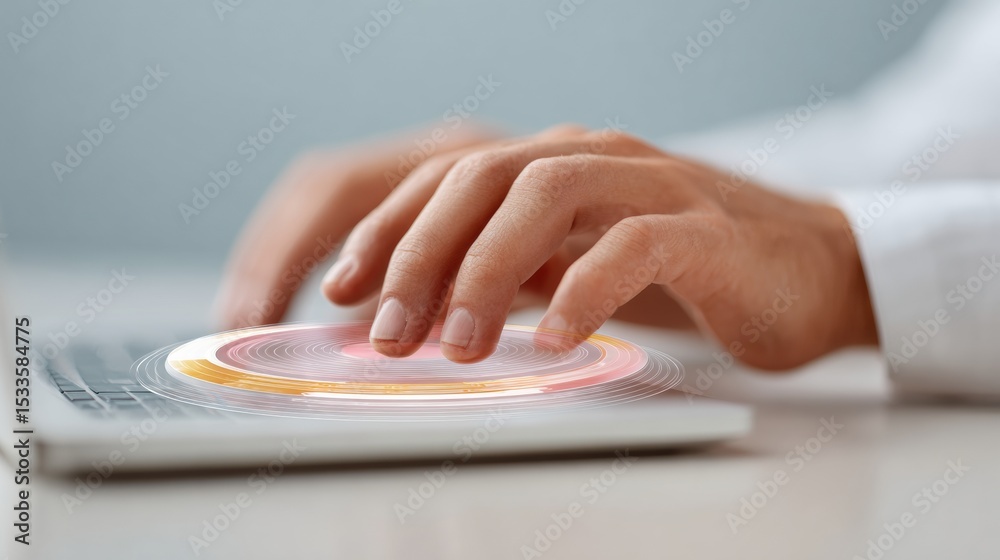 Poster human hand typing on laptop with futuristic holographic ai interface showing data transfer bars in m