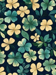 A seamless pattern with magical clovers, mesmerizing and vibrant. Art Deco meets modern luxury in this minimalist design, soft colors 