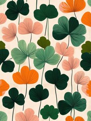 A seamless pattern with magical clovers, mesmerizing and vibrant. Art Deco meets modern luxury in this minimalist design, soft colors 