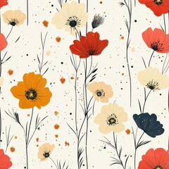 A seamless pattern with magical cosmos flowers, mesmerizing and vibrant. Art Deco meets modern luxury in this minimalist design, soft colors 