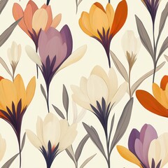 A seamless pattern with magical crocuses, mesmerizing and vibrant. Art Deco meets modern luxury in this minimalist design, soft colors 