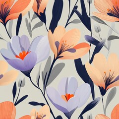 A seamless pattern with magical crocuses, mesmerizing and vibrant. Art Deco meets modern luxury in this minimalist design, soft colors