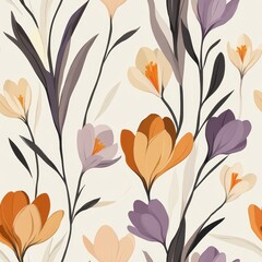 A seamless pattern with magical crocuses, mesmerizing and vibrant. Art Deco meets modern luxury in this minimalist design, soft colors 