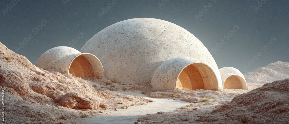 Aufkleber sustainable mars colony dome on lunar surface with earth view at night, regolith pathways and resear