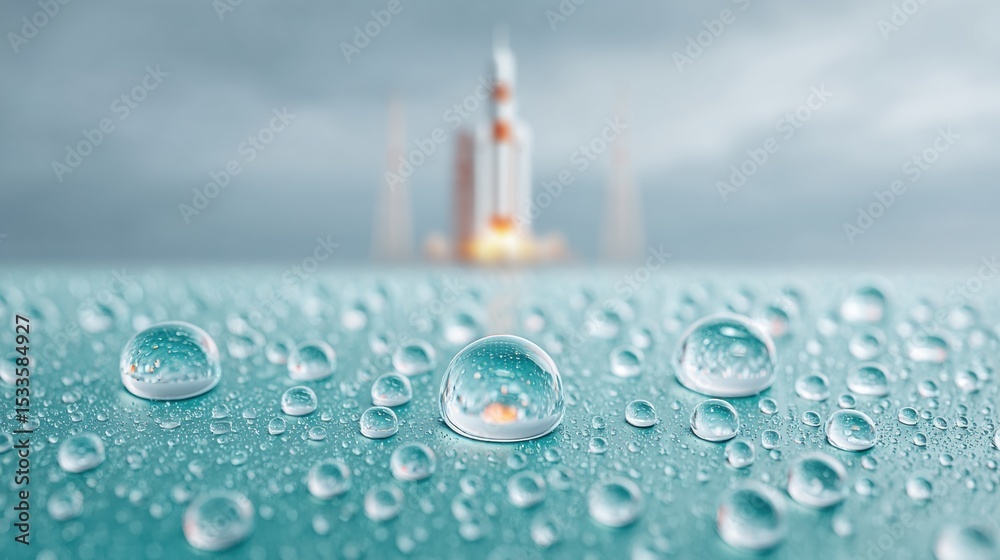 Poster futuristic rocket launch at spaceport with reflective platform and cloudy sky emphasizing aerospace 