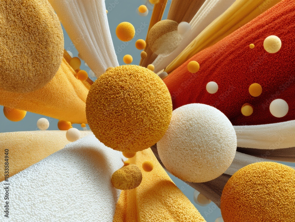 Poster abstract of textured spheres and flowing shapes in warm tones, showcasing modern digital art with a 