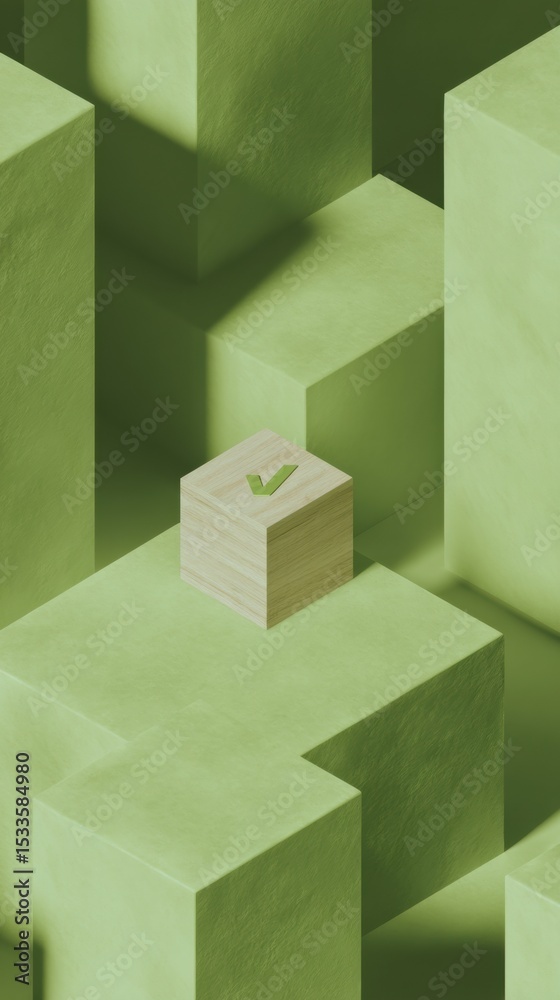 Poster Legal Status Verification Symbol Wooden Checkbox with Green Checkmark on Textured Modern Blocks for Electoral Process and Civic Engagement Marketing