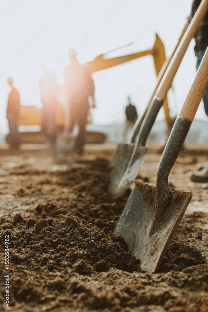 Poster Groundbreaking Ceremony with Professional Team Using Shovels at Development Site Symbolizing Collaboration and New Project Launch in Construction