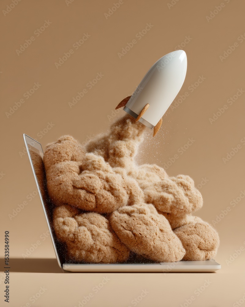 Poster modern startup launch concept with stylized rocket emerging from laptop and cloud formations - digit