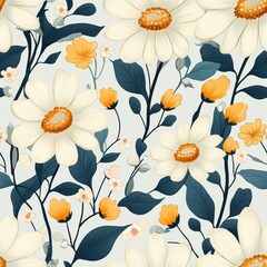 A seamless pattern with magical daisies, mesmerizing and vibrant. Art Deco meets modern luxury in this minimalist design, soft colors 