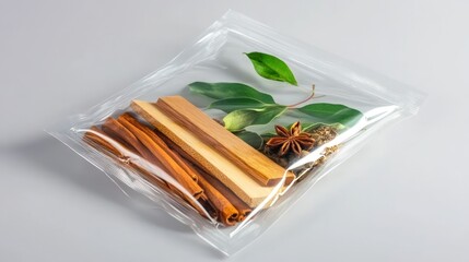 Clear plastic bag holding cinnamon sticks, wooden pieces, star anise, and leaves