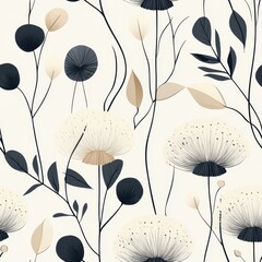 A seamless pattern with magical dandelions, mesmerizing and vibrant. Art Deco meets modern luxury in this minimalist design, soft colors 