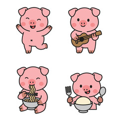 Cute Pig Cartoon Set Vector Illustration