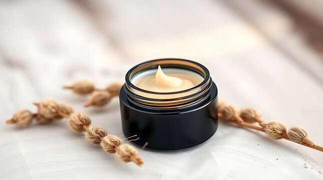 A creamy, paleyellow moisturizer rests in a sleek black jar, nestled amongst delicate beige seed pods isolated on white background