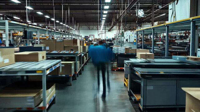 Busy workers engaged in productive activities within a bustling office section during a time lapse recording, Time lapse of busy workers in the office section of a warehouse or factory - Powered by Adobe