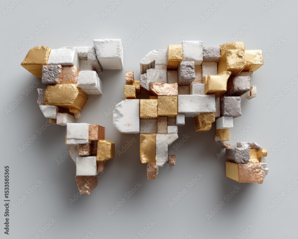 Poster abstract world map made of textured golden and white blocks representing continents, symbolizing glo