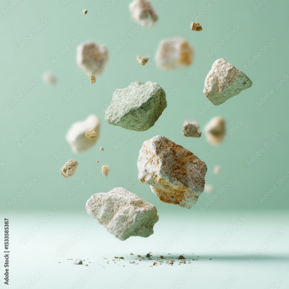 Poster floating rock debris in soft pastel tones representing resilience and overcoming obstacles for moder