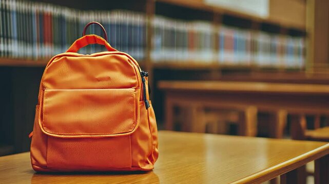 Bright orange backpack rests on wooden school desk in quiet library setting, Orange Backpack on School Desk