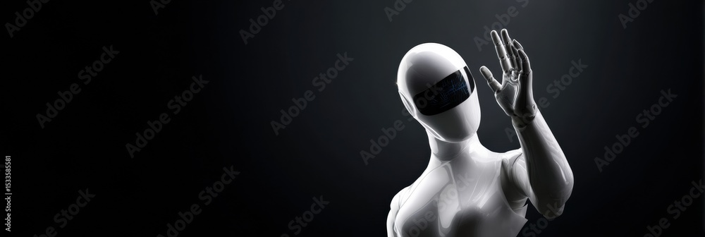 Aufkleber Sleek Humanoid Companion Robot with Digital Display Face Greeting Gesture on Dark Background for AI Innovation and Advanced Robotics Concepts
