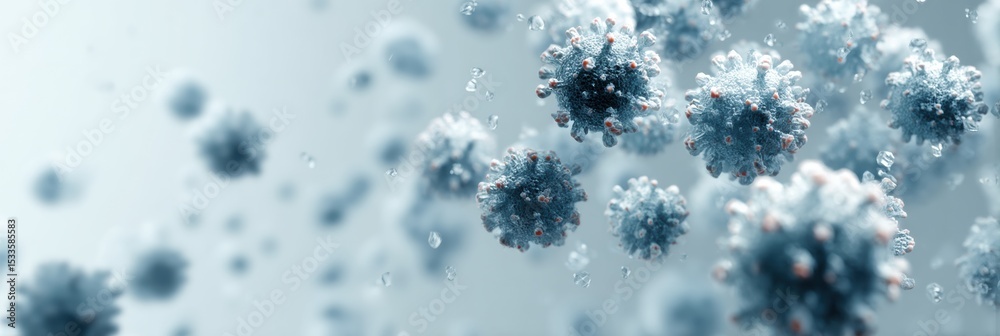Poster detailed virus microorganisms floating in atmospheric space with spiky surfaces symbolizing infectio