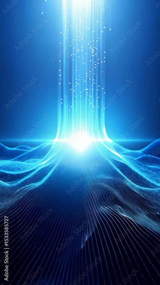 Wall mural abstract digital light streams converge into energy source over data wave, connection concept, blue 