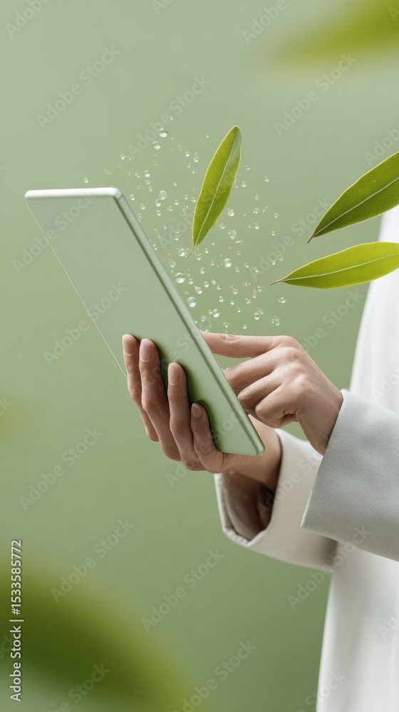 Poster Sustainable Tech Interaction Person Using Green Tablet with Floating Leaves and Digital Particles in Minimalist Modern Lifestyle Concept