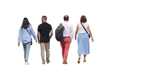 Groupe de quatre personnes vues de dos, adultes, marchant par temps ensoleillé, vêtements...