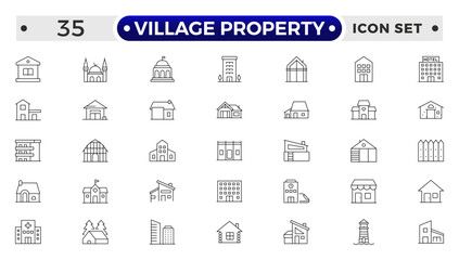 Village Property outline Icon Set. Stylish and professional icons designed for the real estate industry, perfect for enhancing property listings, websites, and marketing materials.