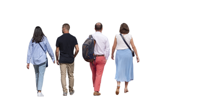 Groupe de quatre personnes vues de dos, adultes, marchant par temps ensoleillé, vêtements estivaux décontractés, chemises, pantalon, jupe et sac à dos - Powered by Adobe