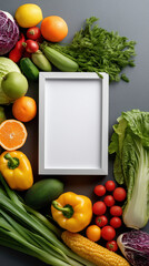 Fresh Vegetables and Fruits Displayed with Empty Frame for Healthy Eating Promotion