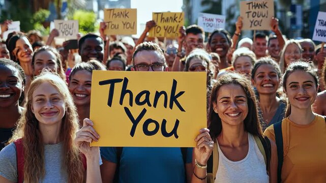 Charity volunteers gather outdoors smiling and holding signs of appreciation, Large group of charity volunteers smile into camera holding a "Thank You" sign