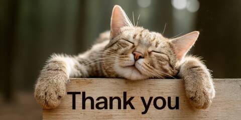 Pet Appreciation Week Cozy Cat with Thank You Sign and Rustic Wood Texture - National Siblings Day and Spring Shopping Season Marketing Concept