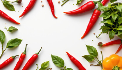Fresh organic chili peppers and vibrant green leaves are beautifully arranged on white background, creating lively and colorful display that evokes sense of freshness and flavor