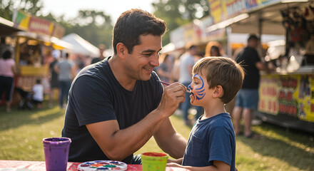 Father painting child's face at a fair