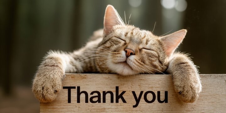 Pet Appreciation Week Cozy Cat with Thank You Sign and Rustic Wood Texture - National Siblings Day and Spring Shopping Season Marketing Concept