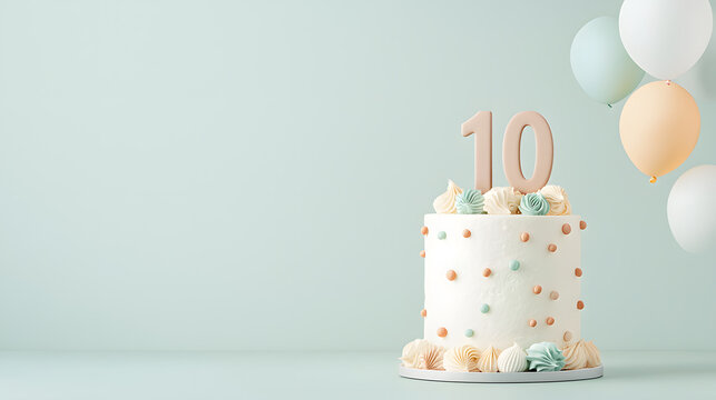 Festive 10th Birthday Cake with Balloons and Gifts on light blue background
